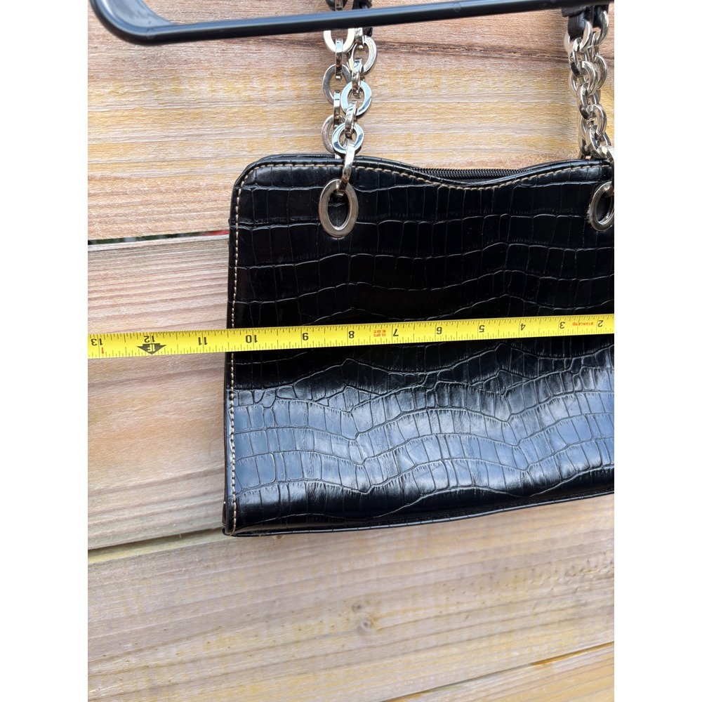 Black Croc Embossed Leather Shoulder Bag Chain Strap Triangle Logo - Picture 7 of 9
